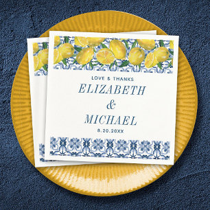 Serviette En Papier Aquarelle Citron bleu italien Carrelage Mariage