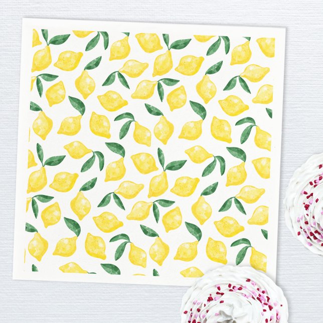 Serviette En Papier Aquarelle Citron Motif (Green yellow and white watercolor lemon pattern paper napkin)
