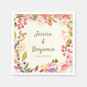 Serviette En Papier Aquarelle colorée Floral Mariage Nom personnalisé