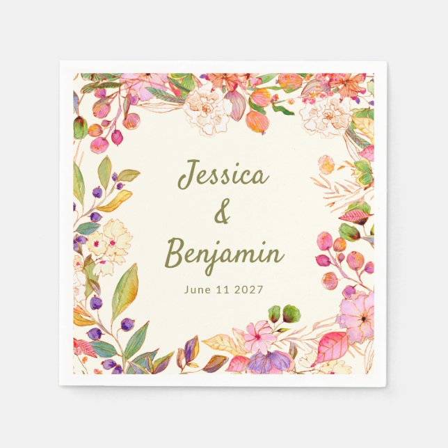 Serviette En Papier Aquarelle colorée Floral Mariage Nom personnalisé (Devant)