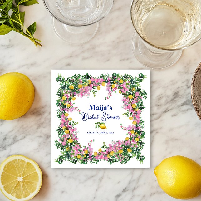 Serviette En Papier Aquarelle Côte d'Amalfi Citrons Roses Enterrement  (Watercolor Amalfi Coast Pink Lemons Bridal Shower Napkins)