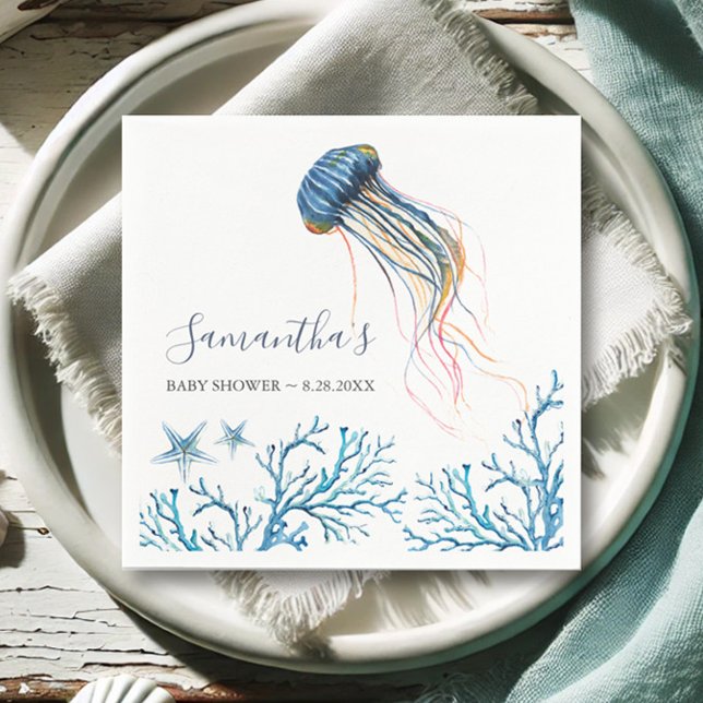 Serviette En Papier Aquarelle côtière Jelly Poissons serviettes person (Under the sea baby shower napkins watercolor art by Victoria Grigaliunas Do Tell A Belle)