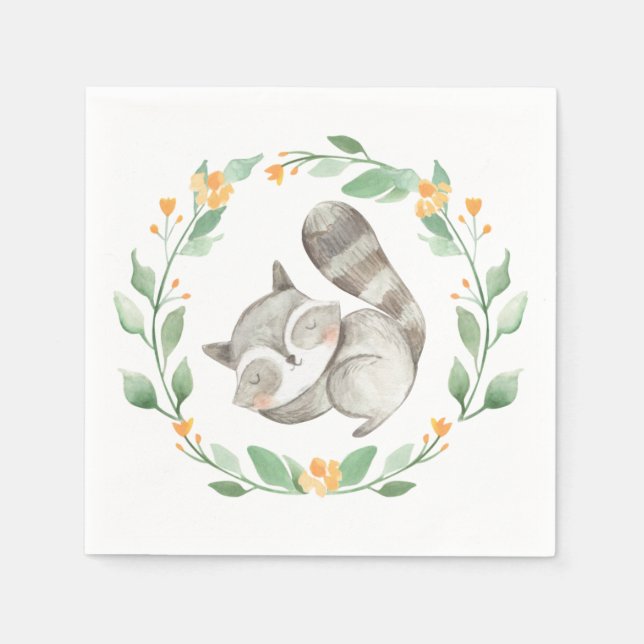 Serviette En Papier Aquarelle couchage Raccoon verdure Wreath (Devant)