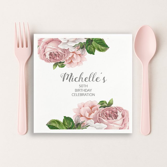 Serviette En Papier Aquarelle couleur rose pâle personnalisée Annivers (Pink vintage floral paper napkins)