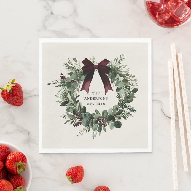 Serviette En Papier Aquarelle couronne de Noël Nom personnalisé (En situation)