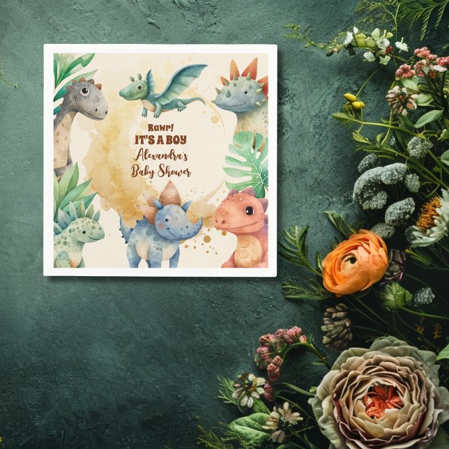 Serviette En Papier Aquarelle Cute Dinosaur Baby shower Garçon de verd (Créateur téléchargé)