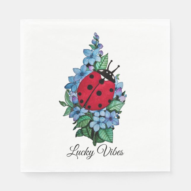 Serviette En Papier Aquarelle Cute Ladybird Avec Fleurs Bleues Sauvage (Devant)
