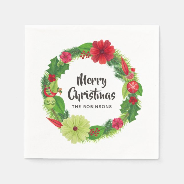 Serviette En Papier Aquarelle d'art populaire Noël floral (Devant)