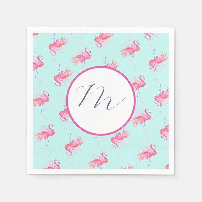 Serviette En Papier Aquarelle de Flamant rose rose de Monogramme tropi (Devant)