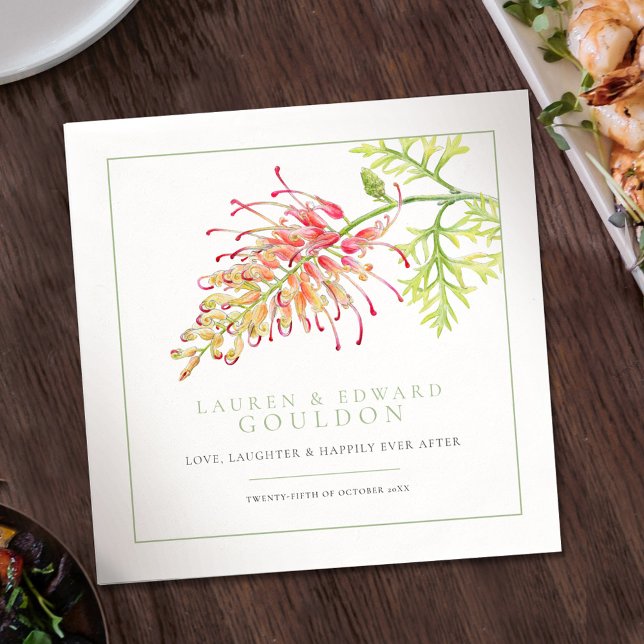 Serviette En Papier Aquarelle de fleur de Grevillea mariage vert blanc (Créateur téléchargé)