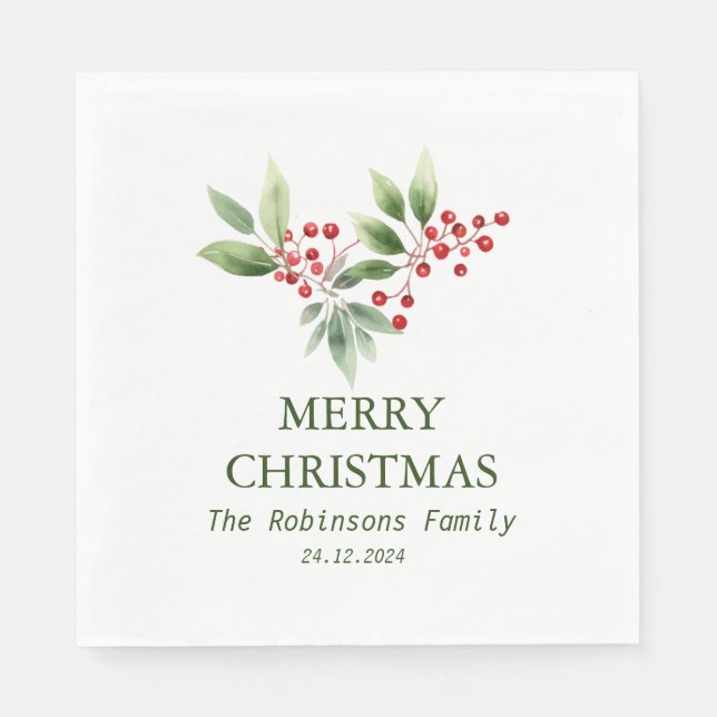 Serviette En Papier Aquarelle de la branche du Berry Noël (Devant)