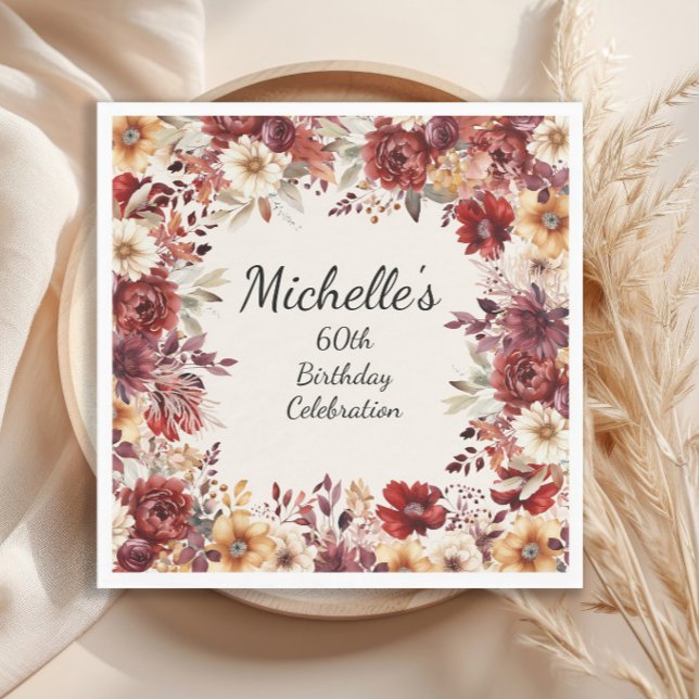 Serviette En Papier Aquarelle de la crème bourguignonne Floral 60e ann (Burgundy and cream floral birthday party paper napkin)