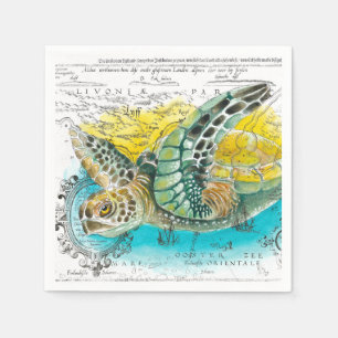 Serviette En Papier Aquarelle de la tortue marine Carte Vintage blanc
