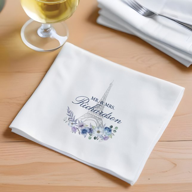 Serviette En Papier Aquarelle de la Tour Eiffel Mariage de la Marine F (Paris Eiffel Tower Watercolor Floral Navy Wedding Napkins)