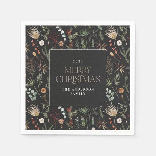 Serviette En Papier Aquarelle de Noël botanique floral foncé moody (Devant)