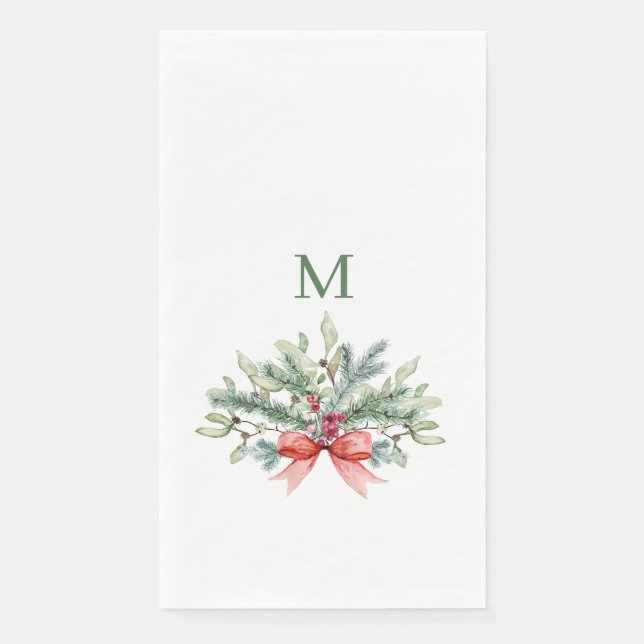 Serviette En Papier Aquarelle de Noël Monogramme vert (Devant)