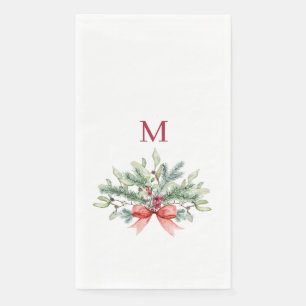 Serviette En Papier Aquarelle de Noël Vert Monogramme rouge