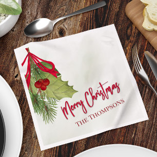 Serviette En Papier Aquarelle de Noël Vert vacances Holly Berry
