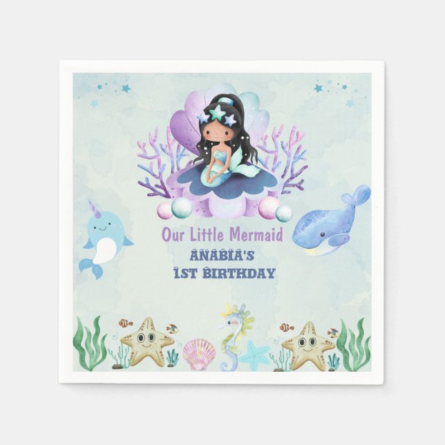 Serviette En Papier Aquarelle de sirène magique fête d'anniversaire (Devant)