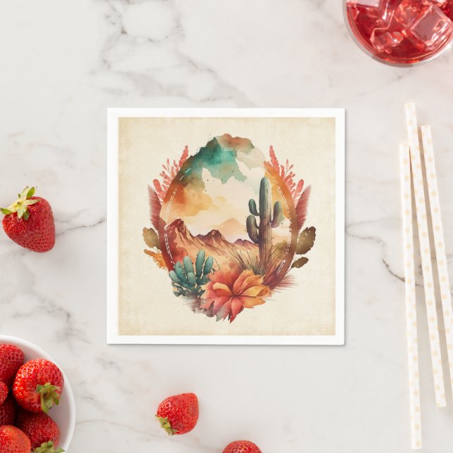 Serviette En Papier Aquarelle Désert Cactus et Montagnes (En situation)