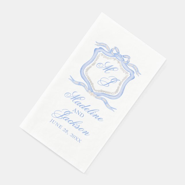 Serviette En Papier Aquarelle Designer Blue Monogram Crest Mariage (Coin)