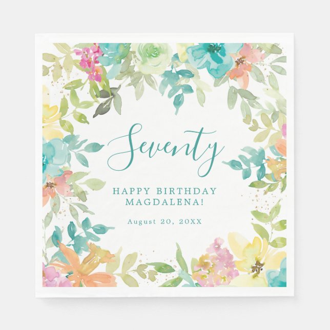 Serviette En Papier Aquarelle d'été Floral Custom 70e anniversaire (Devant)