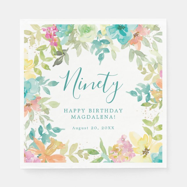 Serviette En Papier Aquarelle d'été Floral Custom 90e anniversaire (Devant)