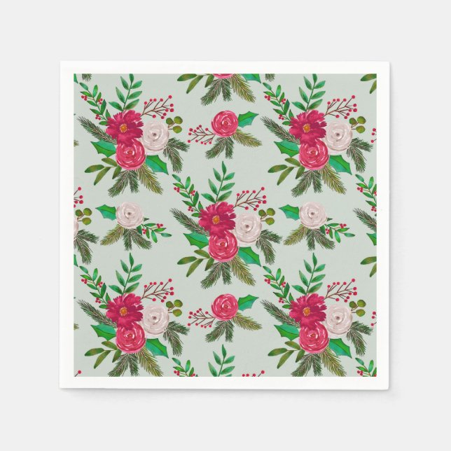 Serviette En Papier Aquarelle d'hiver motifs floraux sur vert clair (Devant)