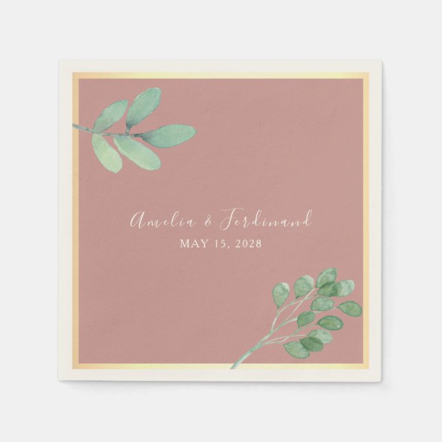 Serviette En Papier Aquarelle Dusty Rose Verdure Mariage serviettes (Devant)