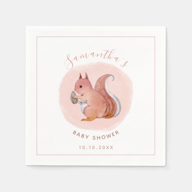 Serviette En Papier Aquarelle Écureuil rose Baby shower animal mignon (Devant)