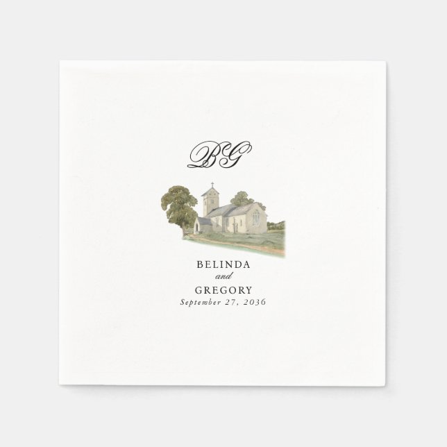 Serviette En Papier Aquarelle Eglise traditionnelle Monogramme Mariage (Devant)