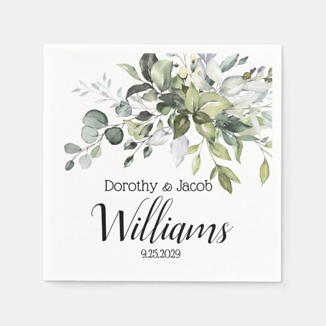 Serviette En Papier Aquarelle Elégante Personnalisée Eucalyptus Vert (Devant)