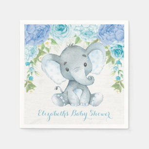 Serviette En Papier Aquarelle Eléphant Dusty Bleu Floral Jungle Baby