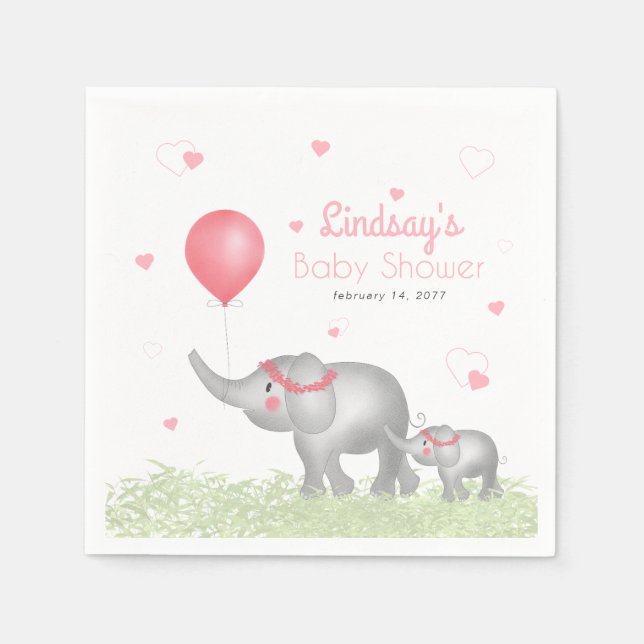 Serviette En Papier Aquarelle Eléphants & Coeur rose Bébé Douche fille (Devant)