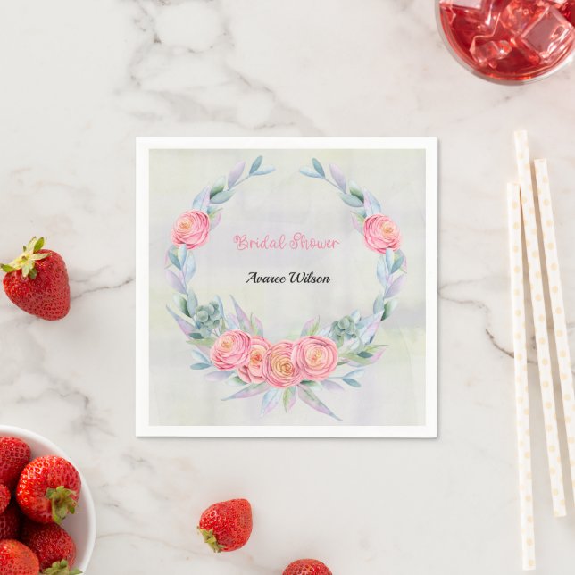 Serviette En Papier Aquarelle Eucalyptus couronne et roses roses roses (En situation)