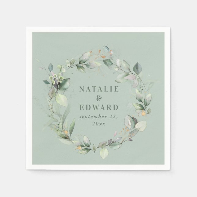 Serviette En Papier Aquarelle eucalyptus élégante fête de mariage (Devant)