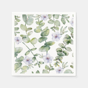 Serviette En Papier Aquarelle Eucalyptus & Motif de fleurs pourpres