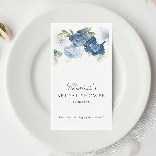 Serviette En Papier Aquarelle Fête des mariées florale bleu foncé (Dusty Blue Script Watercolor Bridal Shower Guest Paper Towel)