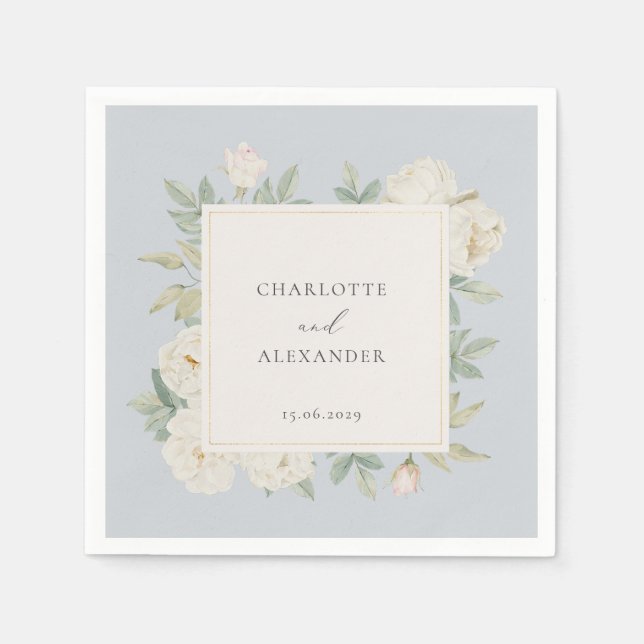 Serviette En Papier Aquarelle fleurs blanches, bleu clair mariage (Devant)