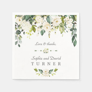 Serviette En Papier Aquarelle Fleurs blanches Mariage de feuillage ver