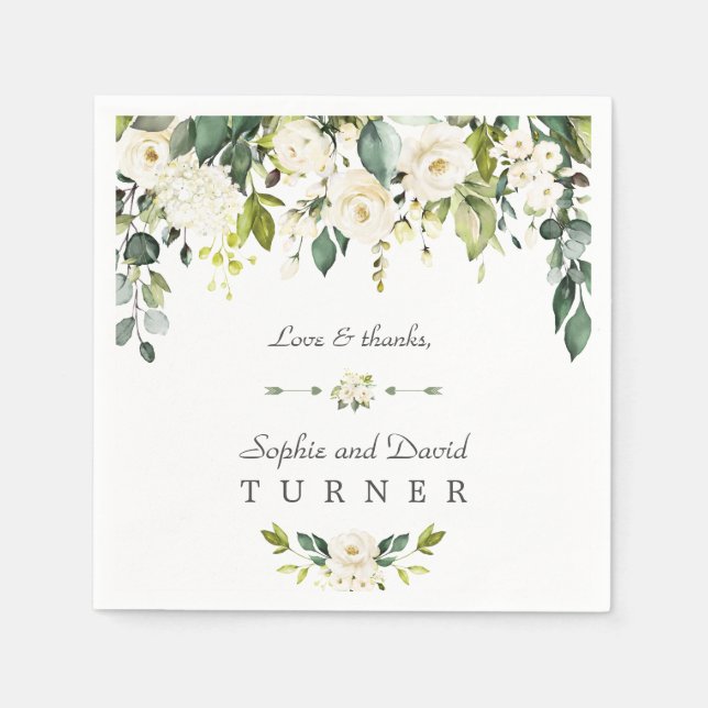 Serviette En Papier Aquarelle Fleurs blanches Mariage de feuillage ver (Devant)