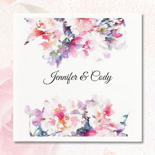 Serviette En Papier Aquarelle Fleurs Mariage Ajouter des noms Cocktail (Créateur téléchargé)