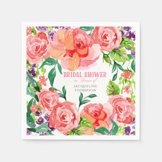Serviette En Papier Aquarelle Fleurs modernes brillant couleur nuptial (Devant)