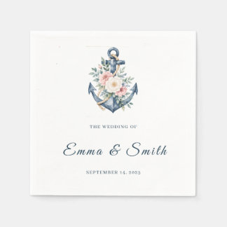 Serviette En Papier Aquarelle Fleurs Nautiles Mariage Ancres