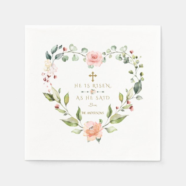 Serviette En Papier Aquarelle Fleurs Roses Il Est Ressuscité Or Pâques (Devant)