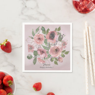 Serviette En Papier Aquarelle Fleurs roses sur rose