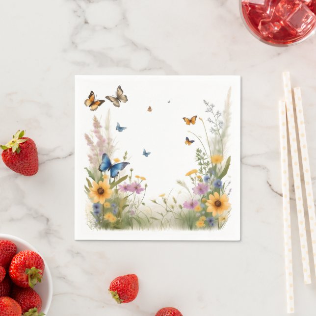 Serviette En Papier Aquarelle Fleurs sauvages Herbes et papillons, (En situation)