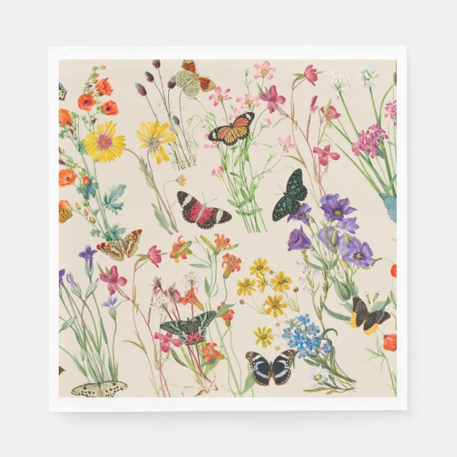 Serviette En Papier Aquarelle Fleurs sauvages & papillons Jardin Flora (Devant)