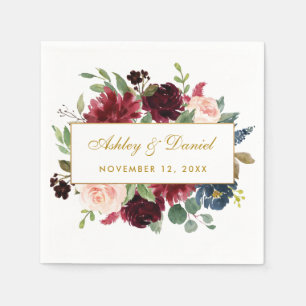 Serviette En Papier Aquarelle Floral Bourgogne Bleu Or Mariage Blanc