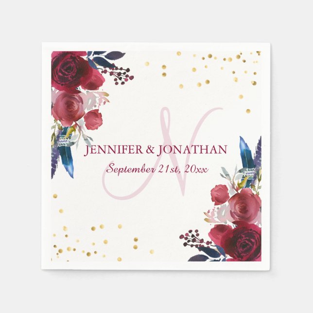 Serviette En Papier Aquarelle Floral Bourgogne Vin Mariage Wreath (Devant)